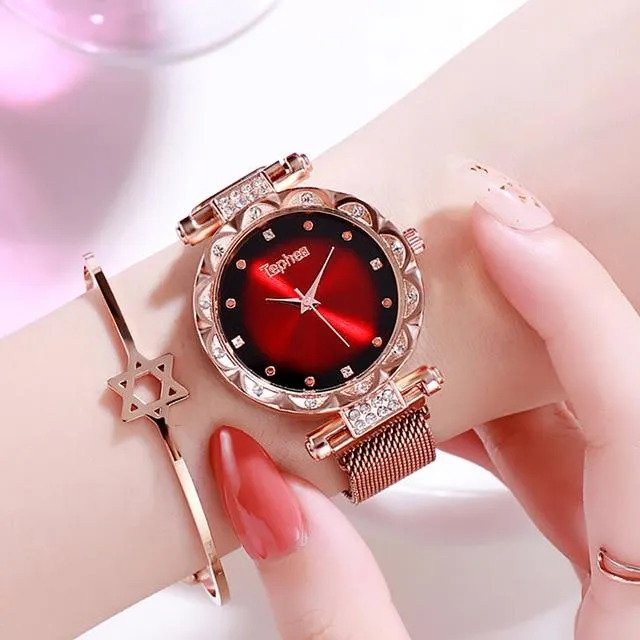 Ladies Rose Gold Watch Starry Sky Magnetic Waterproof