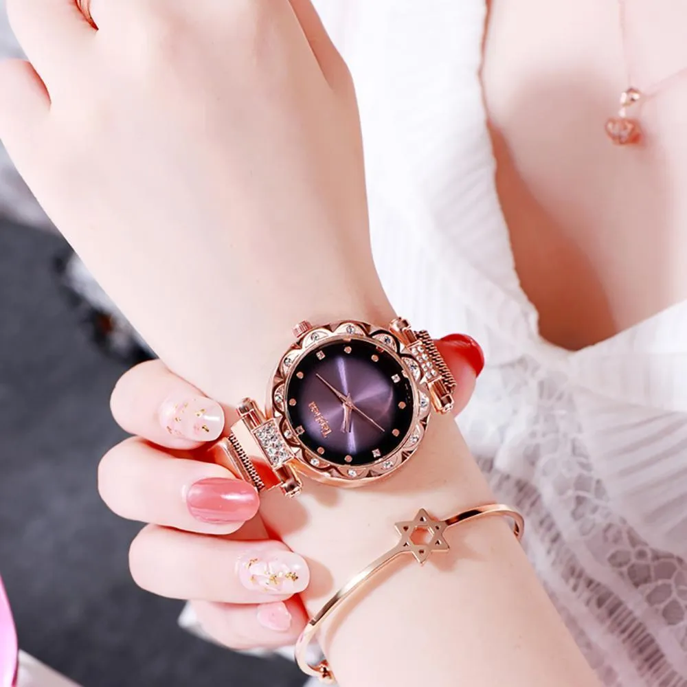 Ladies Rose Gold Watch Starry Sky Magnetic Waterproof