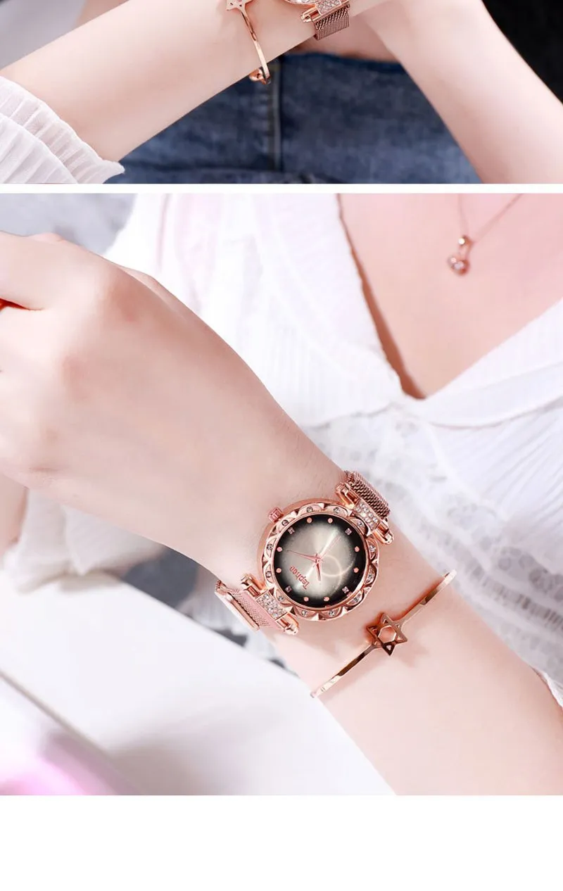 Ladies Rose Gold Watch Starry Sky Magnetic Waterproof