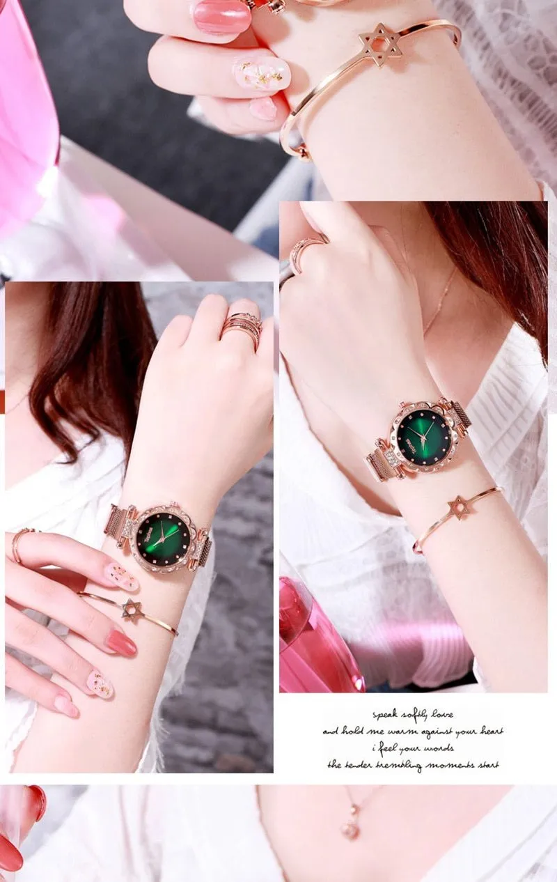 Ladies Rose Gold Watch Starry Sky Magnetic Waterproof