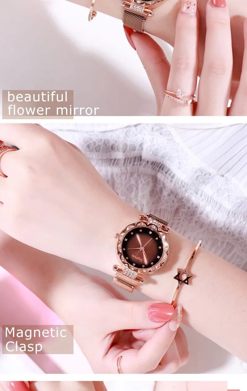 Ladies Rose Gold Watch Starry Sky Magnetic Waterproof