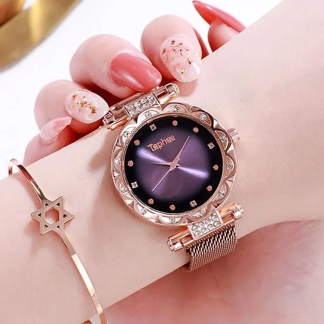 Ladies Rose Gold Watch Starry Sky Magnetic Waterproof