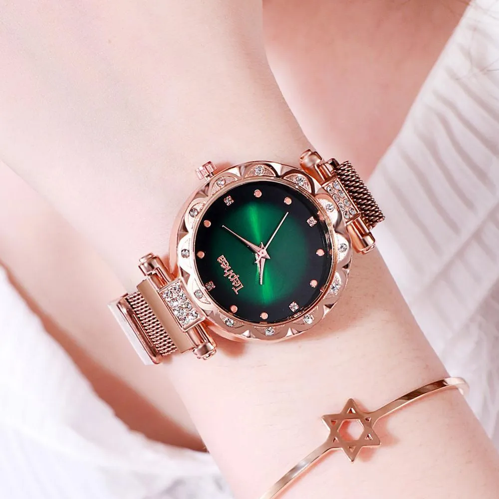 Ladies Rose Gold Watch Starry Sky Magnetic Waterproof