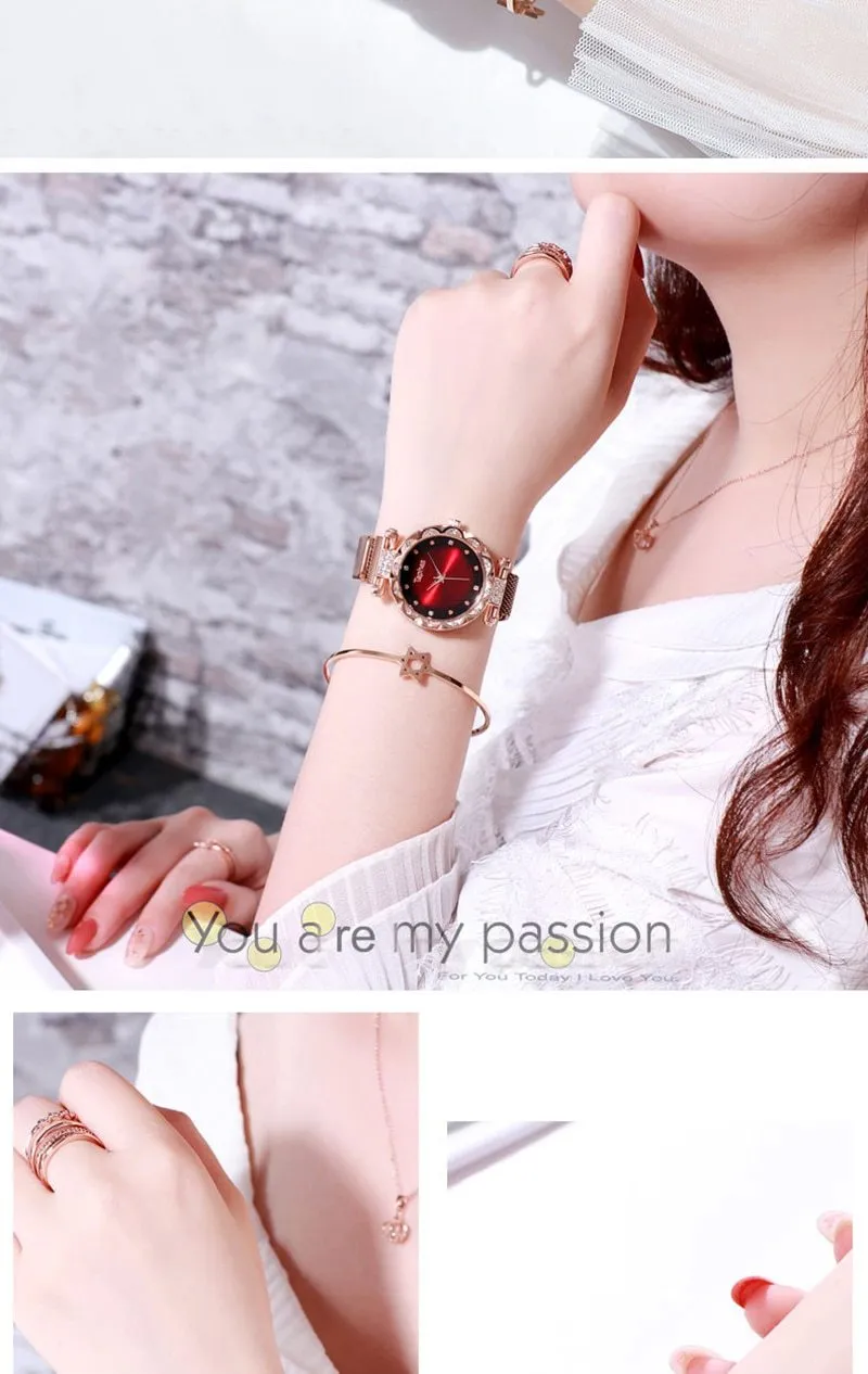 Ladies Rose Gold Watch Starry Sky Magnetic Waterproof