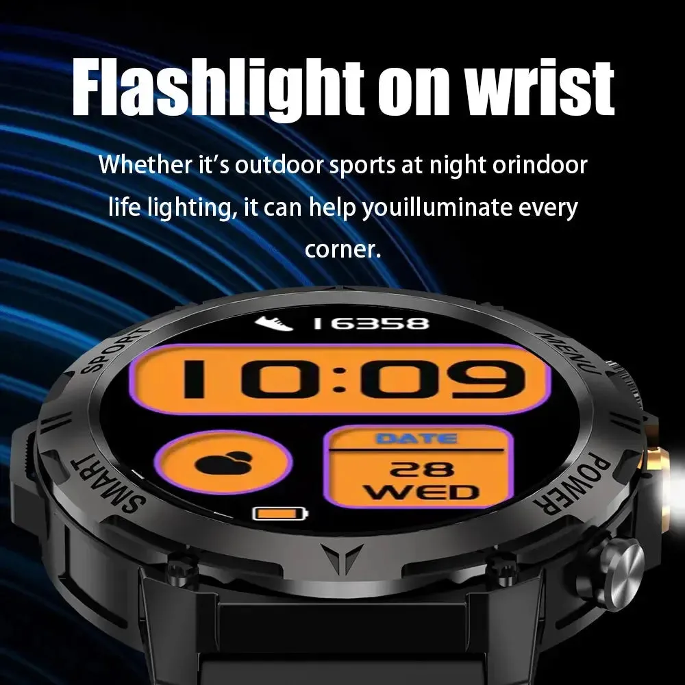 LAXASFIT New Men LED Flashlight Smart Watch Bluetooth Talk Heart Rate Sports Tracking IP68 Waterproof Outdoor Sports Smartwatch