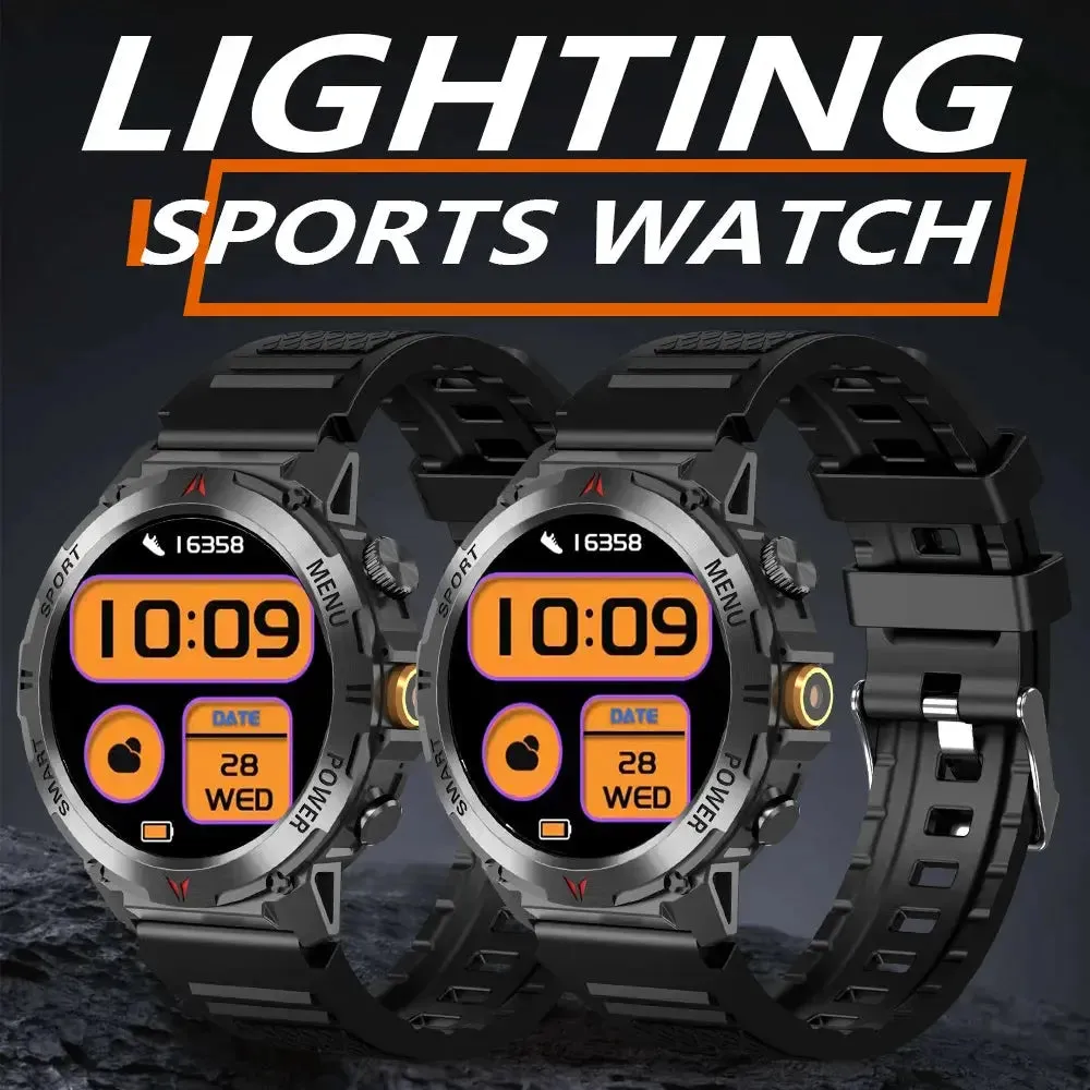 LAXASFIT New Men LED Flashlight Smart Watch Bluetooth Talk Heart Rate Sports Tracking IP68 Waterproof Outdoor Sports Smartwatch