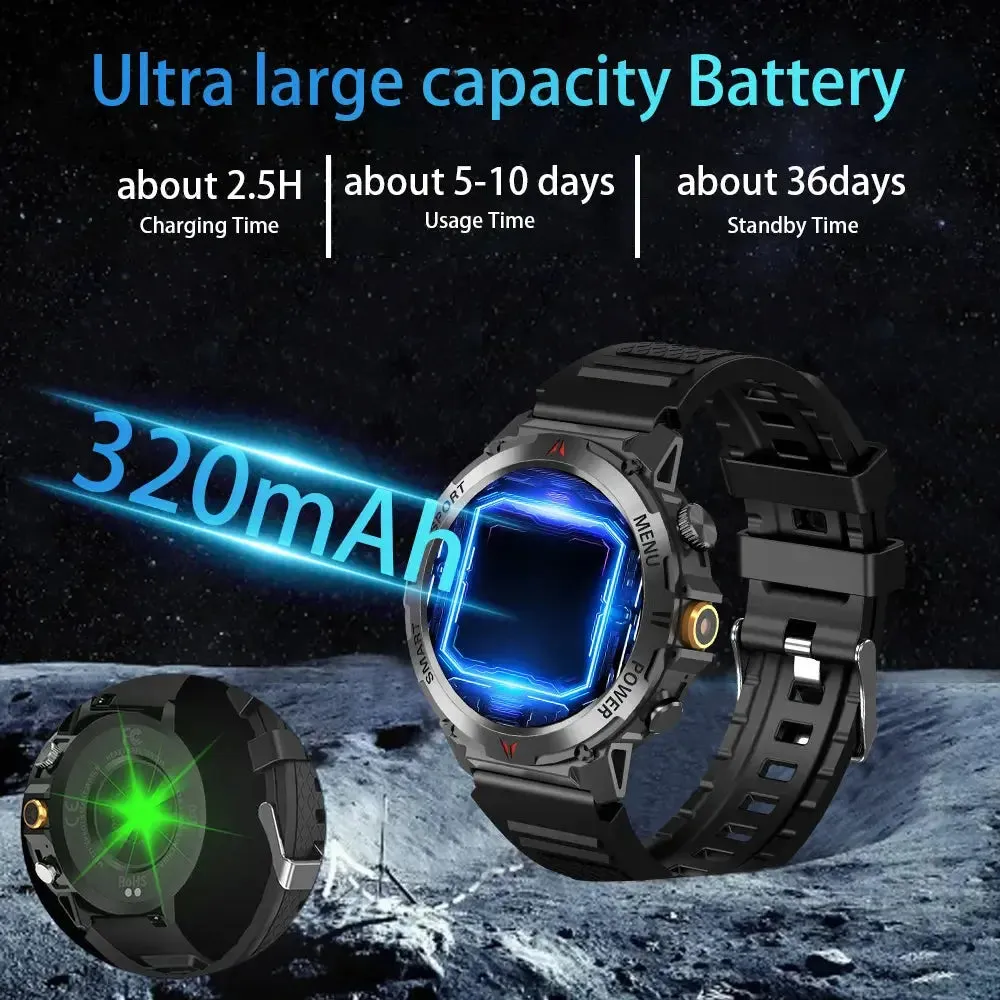 LAXASFIT New Men LED Flashlight Smart Watch Bluetooth Talk Heart Rate Sports Tracking IP68 Waterproof Outdoor Sports Smartwatch