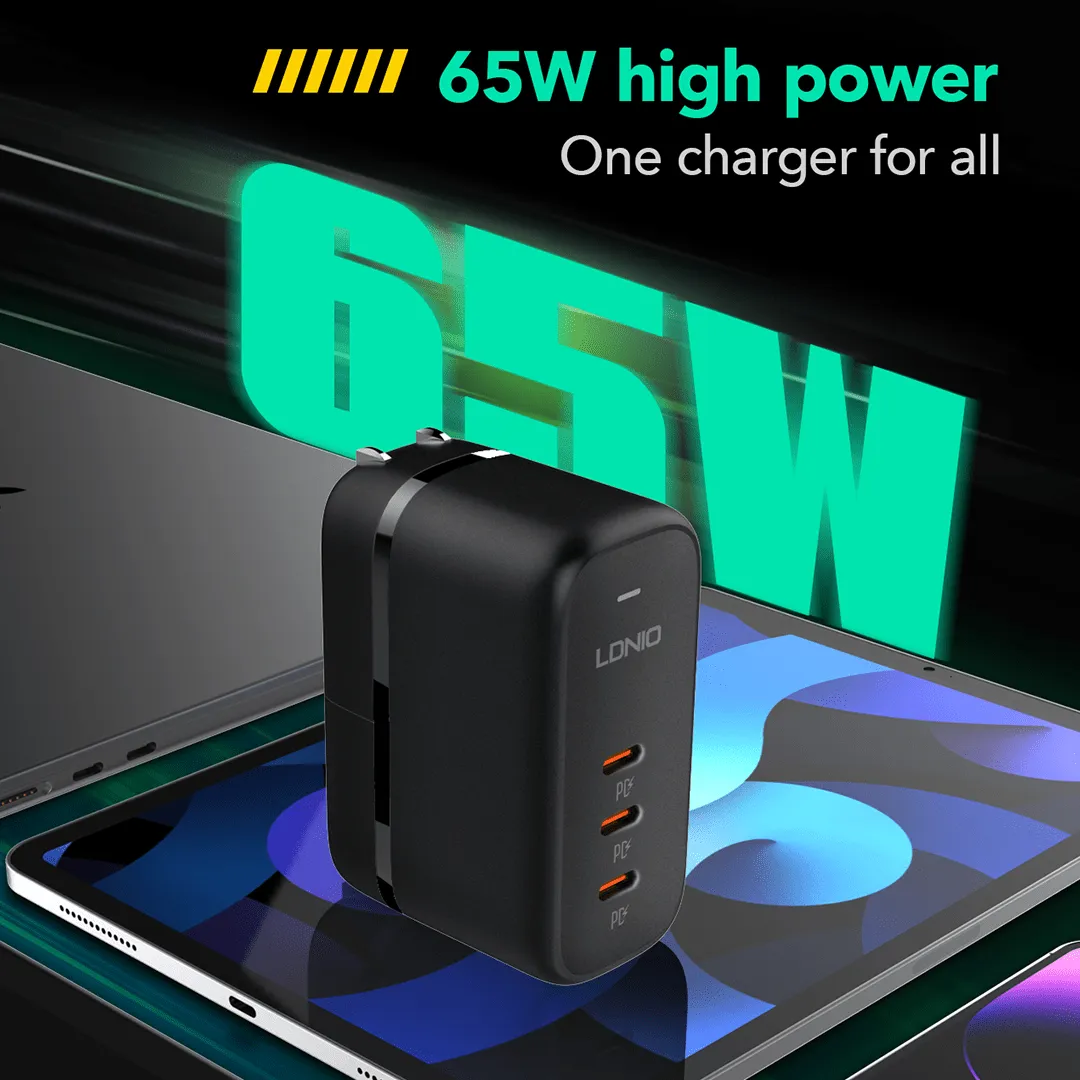 LDNIO 65W USB-C x 3 GaN Fast Charging Travel Adapter