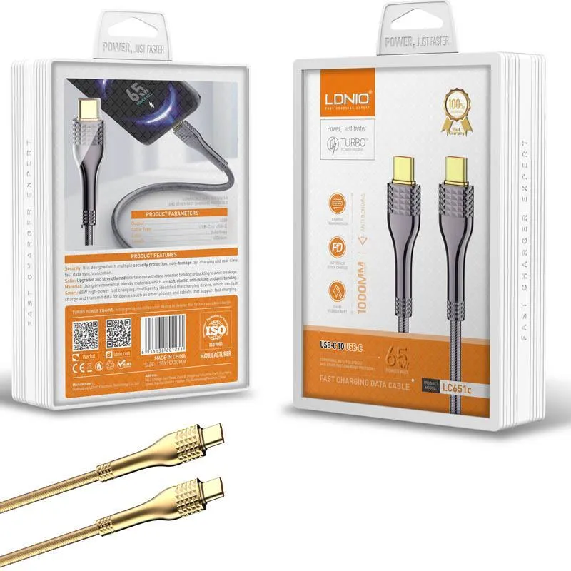 LDNIO USB-C-C 65W PD QC 2M GOLD CABLE | 601235