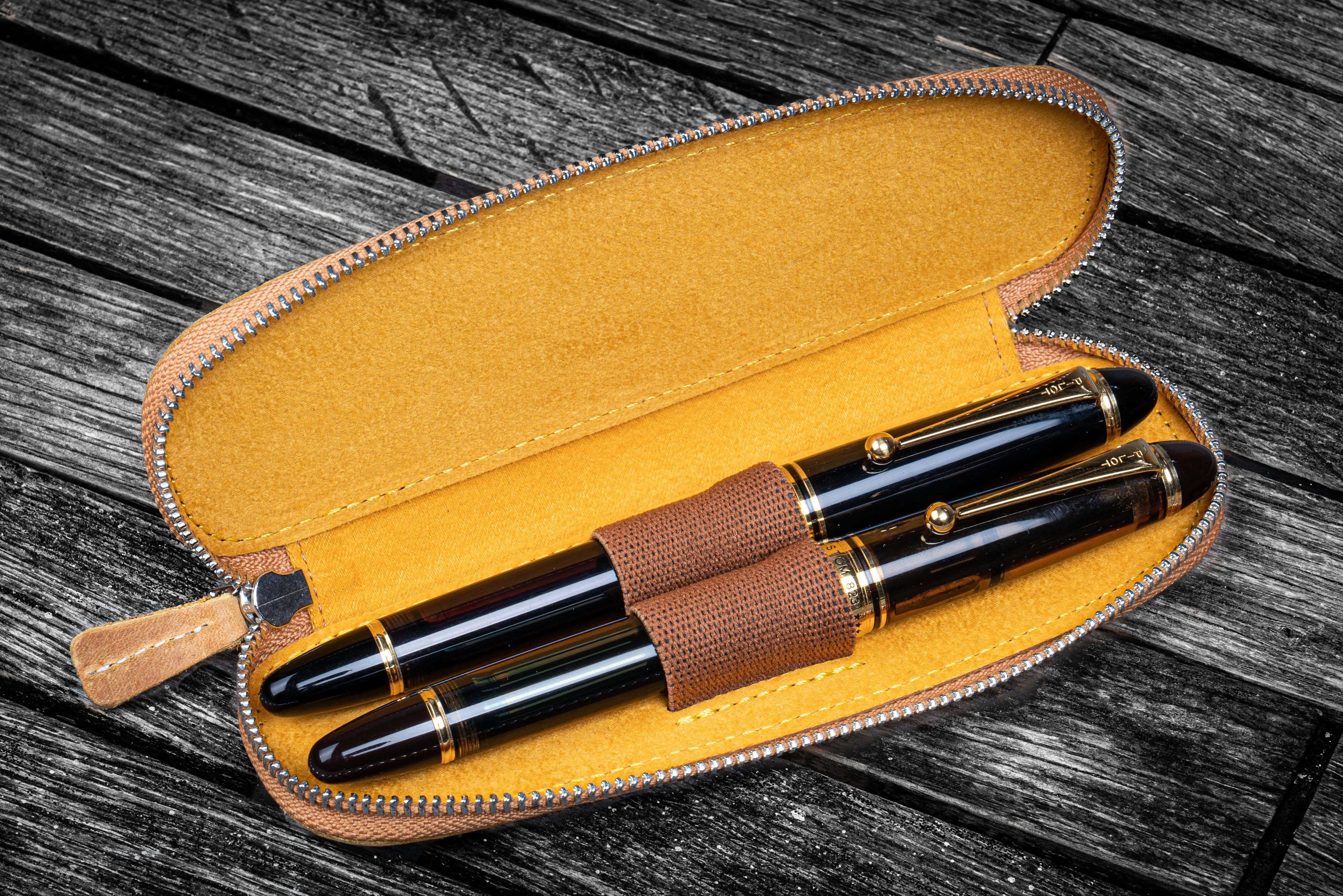 Leather Zippered Duo Slim Pen Case for 2 Pens - Crazy Horse Honey Ochre