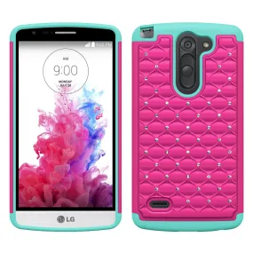 LG G3 Stylus Rhinestone Case , Slim Hybrid Dual Layer[Shock Resistant] Crystal Rhinestone Studded Case Cover - Hot Pink/Teal