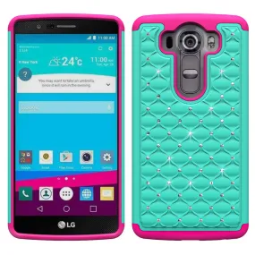 LG V10 Case , Slim Hybrid Dual Layer[Shock Resistant] Crystal Rhinestone Studded Case Cover - Teal/Hot Pink