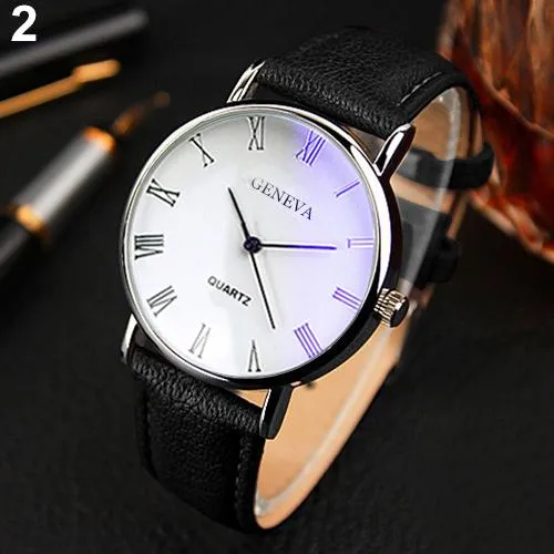 Men Watch Roman Numerals Blu-Ray Faux Leather Band Quartz Analog Business Wrist Watch