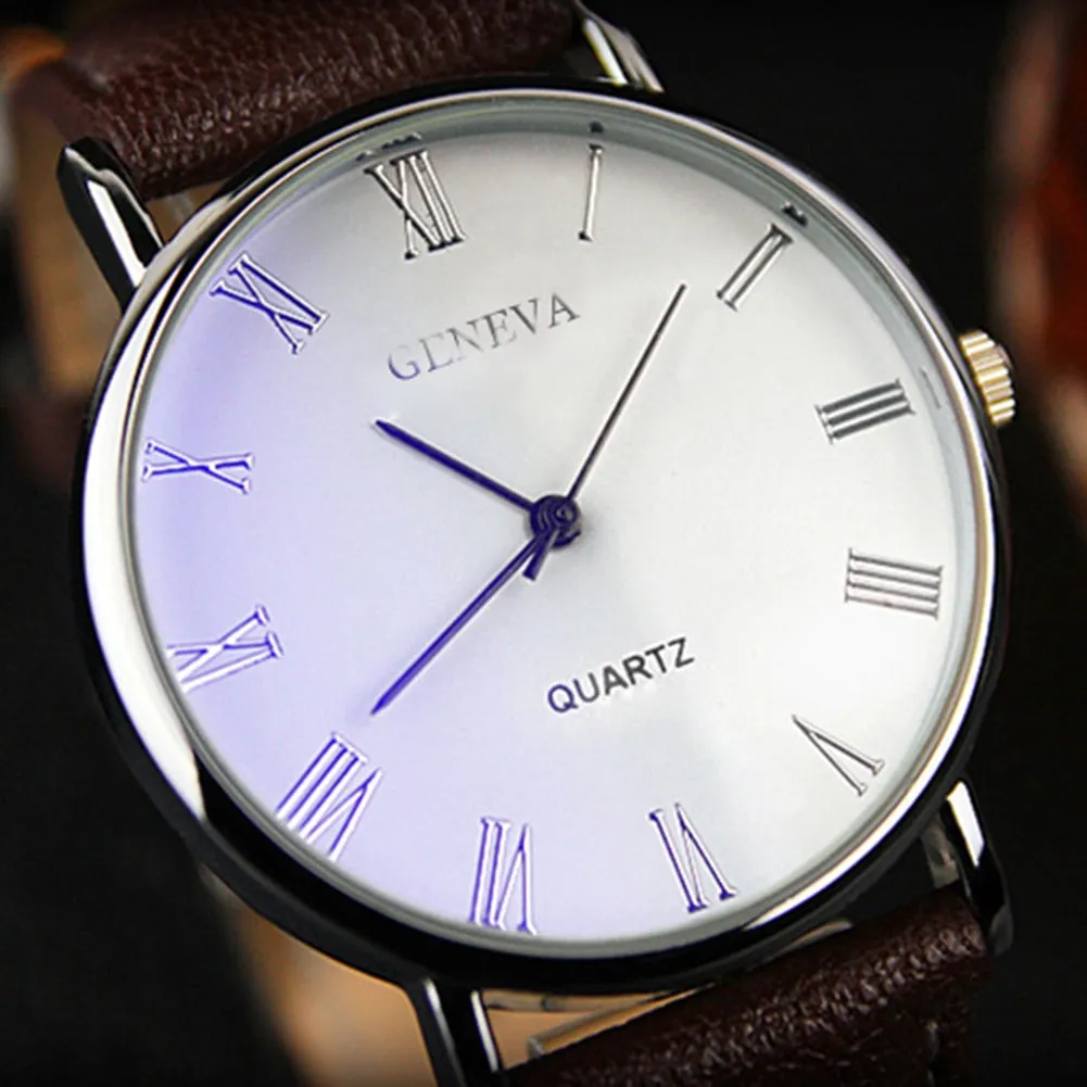 Men Watch Roman Numerals Blu-Ray Faux Leather Band Quartz Analog Business Wrist Watch