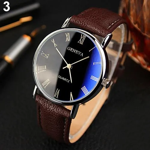 Men Watch Roman Numerals Blu-Ray Faux Leather Band Quartz Analog Business Wrist Watch