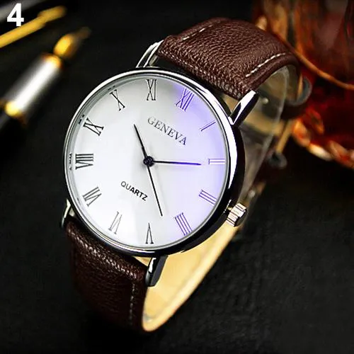 Men Watch Roman Numerals Blu-Ray Faux Leather Band Quartz Analog Business Wrist Watch