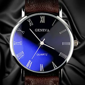 Men Watch Roman Numerals Blu-Ray Faux Leather Band Quartz Analog Business Wrist Watch