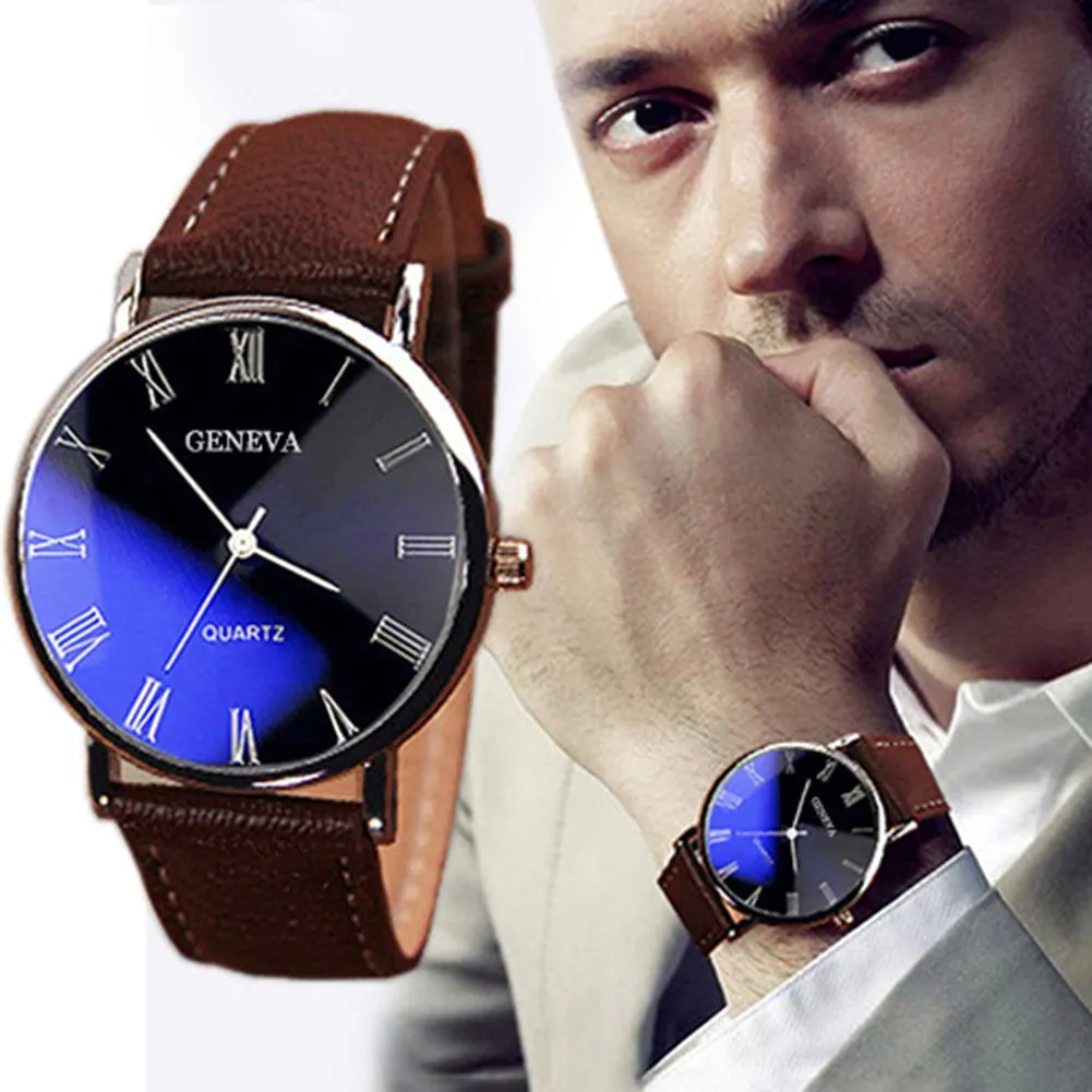 Men Watch Roman Numerals Blu-Ray Faux Leather Band Quartz Analog Business Wrist Watch