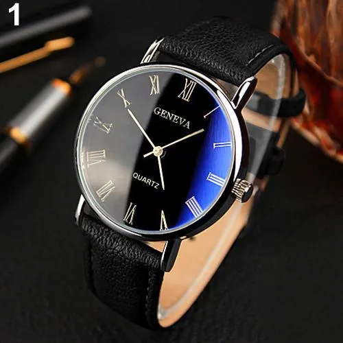 Men Watch Roman Numerals Blu-Ray Faux Leather Band Quartz Analog Business Wrist Watch