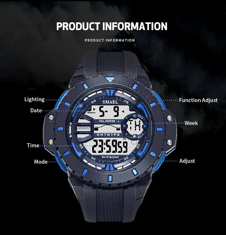 Mens Digital Wristwatches Waterproof SMAEL Sport Watches Alarm Shock Clock LED Watch Men Digital 1519 Military Watches Army Men