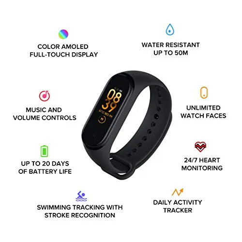 Mi Smart Band 4- India's No.1 Fitness Band, Up-to 20 Days Battery Life, Color AMOLED Full-Touch Screen, Waterproof with Music Control and Unlimited Watch Faces