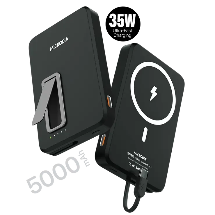 MICRODIA SNAPPower™ MagGo 35W, 5000mAh Magnetic Wireless Power Bank, 15W Wireless Output   20W USB-C PD Output with 20W Built-in USB-C Cable and Kickstand