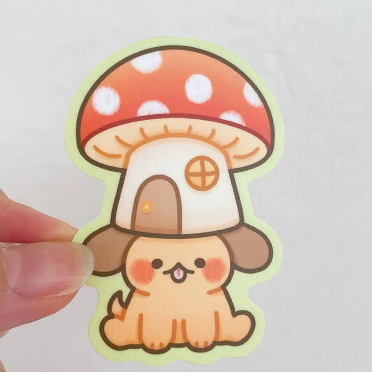 Mushroom Hat Puppy Vinyl Sticker