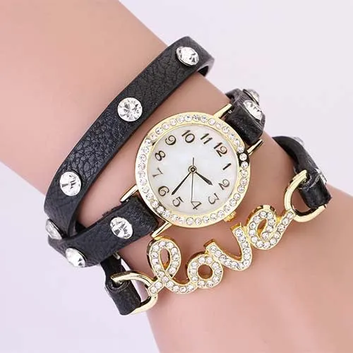 New Arrivals women vintage leather strap watches,set auger LOVE rivet bracelet women dress watches,women wristwatches