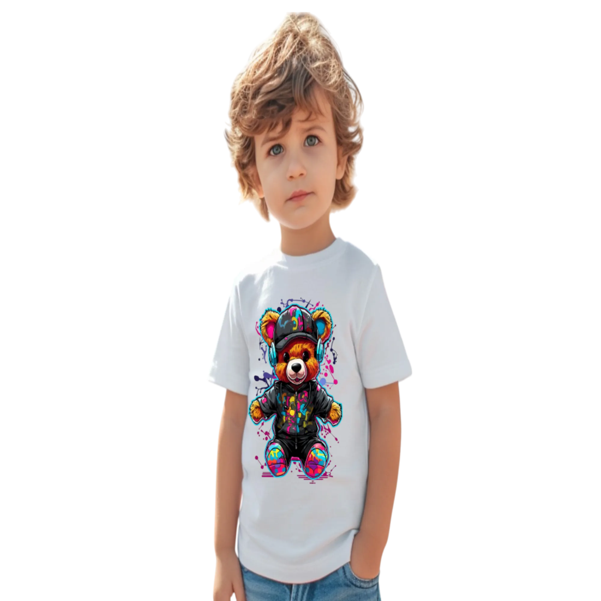 NicholesGifts Toddler Boys Colorful Bear with Headphones Short Sleeve Crewneck T-Shirt