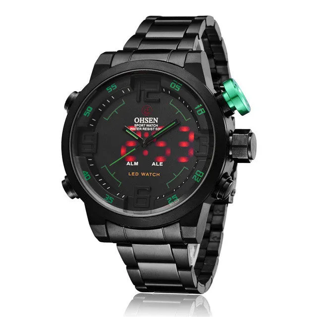 OHSEN Men Sports Military Watches Full Steel Quartz Wristwatches LED Display Watch Luxury Brand Waterproofed Diver Diving Watch