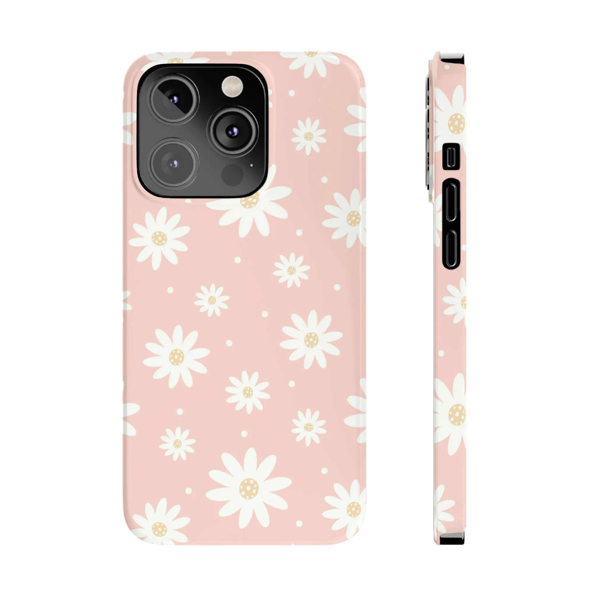 Pink background and White Daisies Design Sleek Elegance Wireless-Charging Compatible Phone Case Slim Phone Case compatible with over 20 iphone models