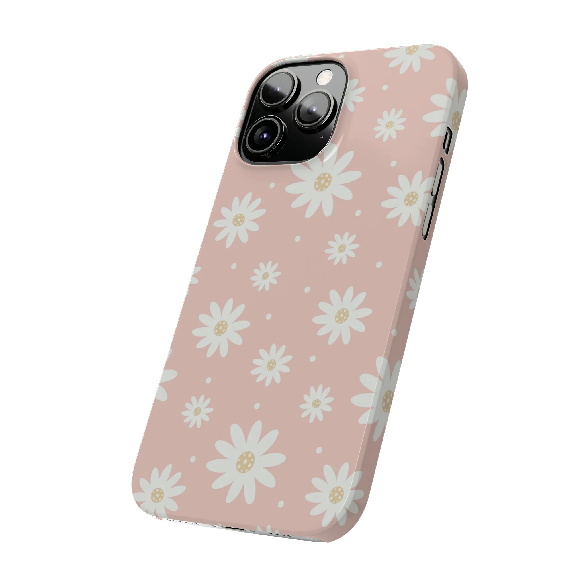 Pink background and White Daisies Design Sleek Elegance Wireless-Charging Compatible Phone Case Slim Phone Case compatible with over 20 iphone models