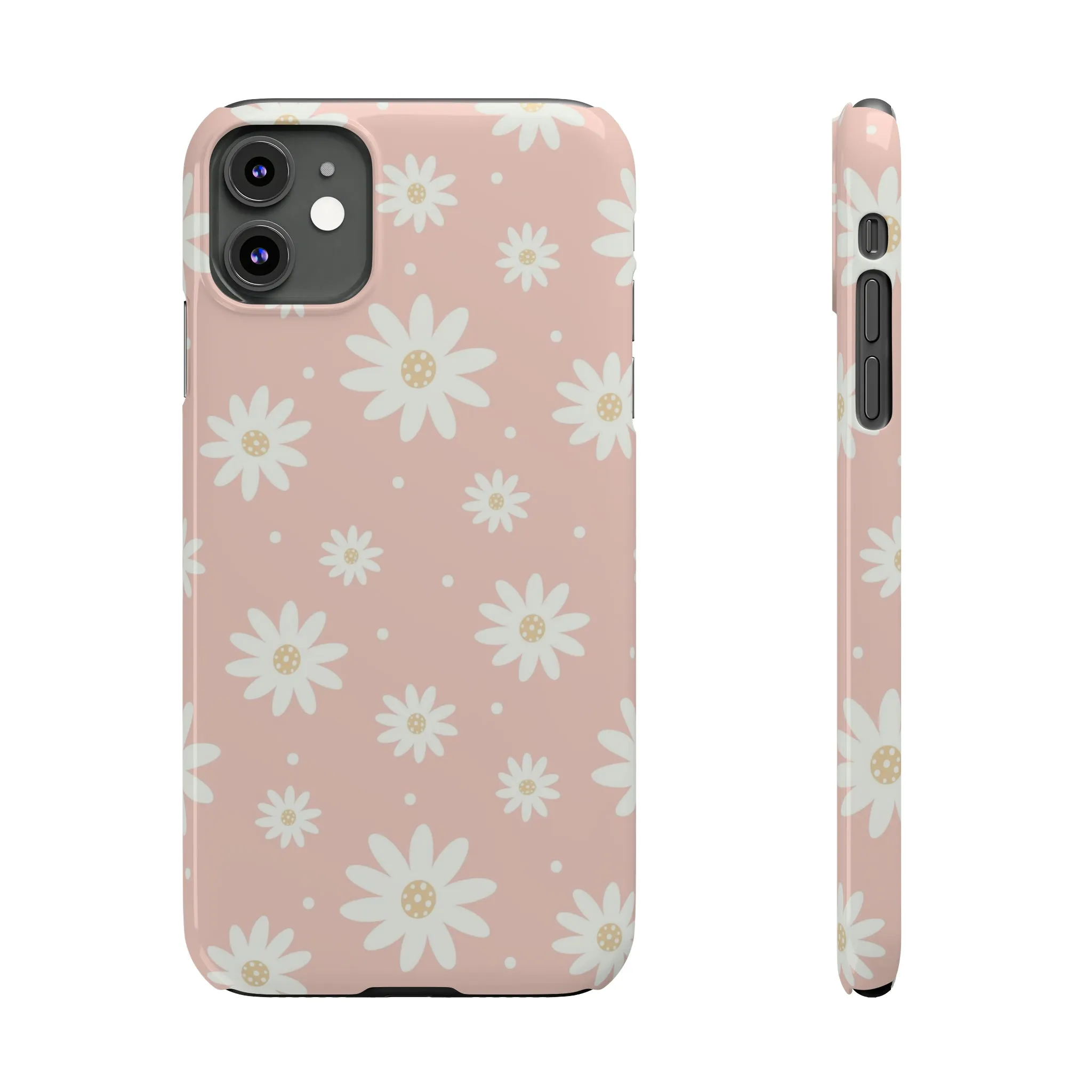 Pink background and White Daisies Design Sleek Elegance Wireless-Charging Compatible Phone Case Slim Phone Case compatible with over 20 iphone models