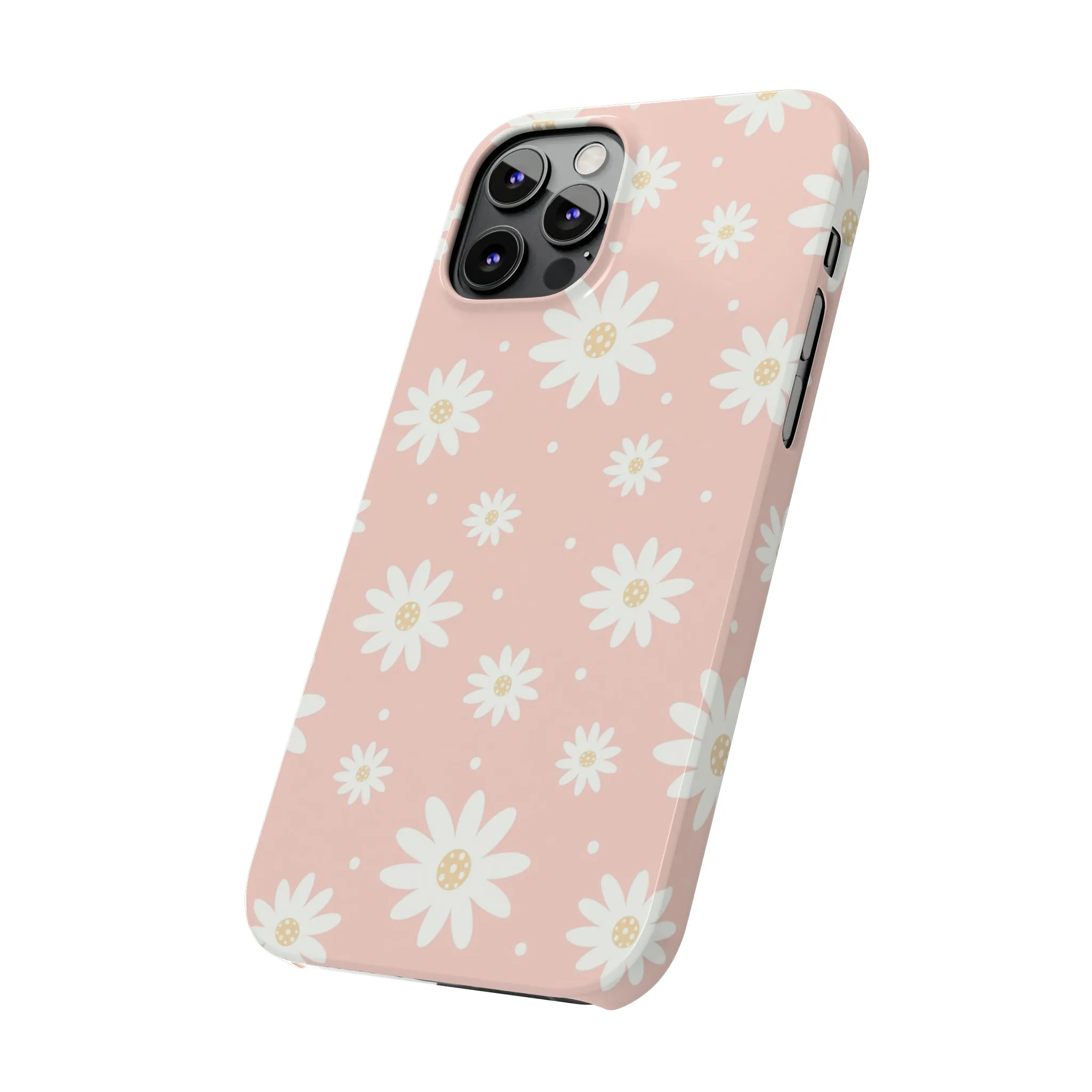 Pink background and White Daisies Design Sleek Elegance Wireless-Charging Compatible Phone Case Slim Phone Case compatible with over 20 iphone models