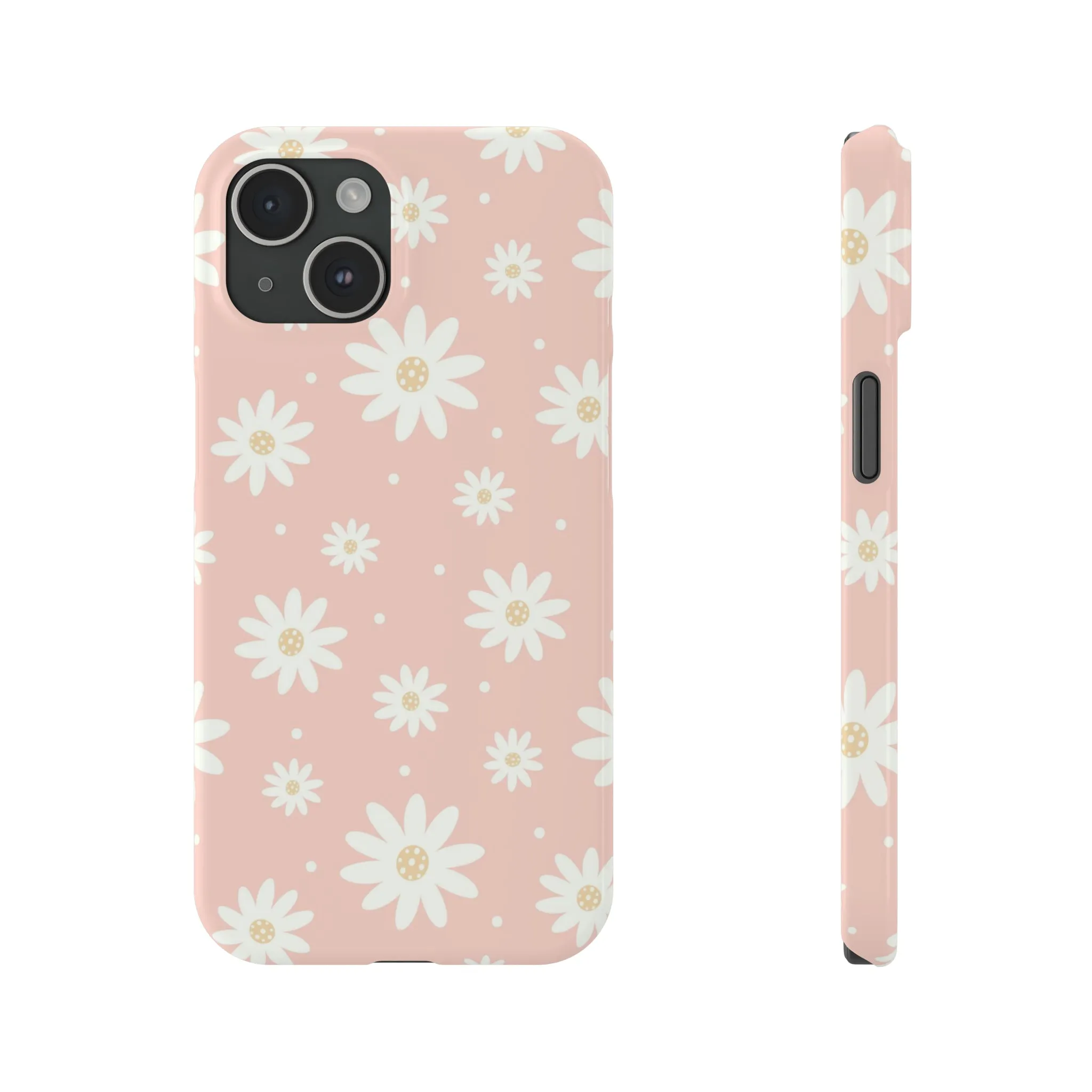 Pink background and White Daisies Design Sleek Elegance Wireless-Charging Compatible Phone Case Slim Phone Case compatible with over 20 iphone models