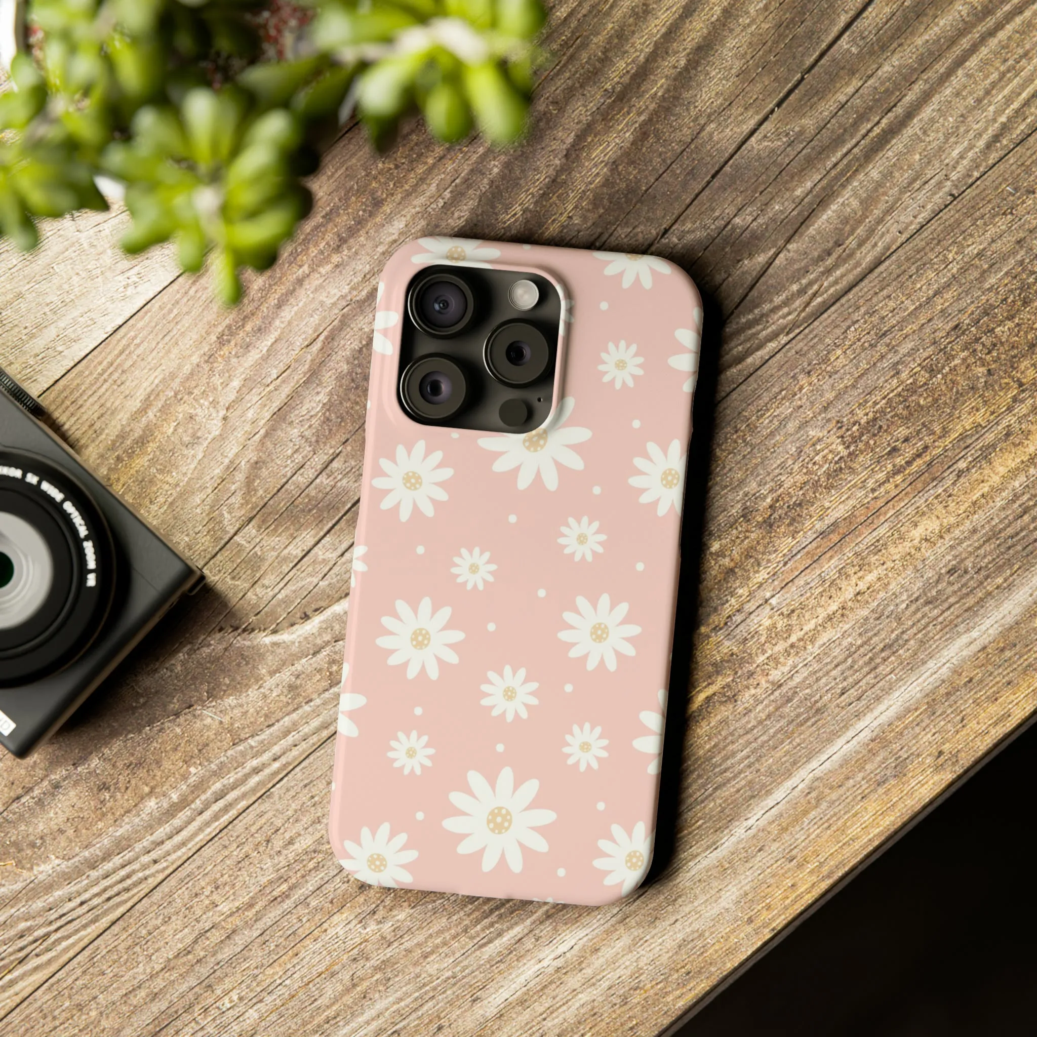 Pink background and White Daisies Design Sleek Elegance Wireless-Charging Compatible Phone Case Slim Phone Case compatible with over 20 iphone models