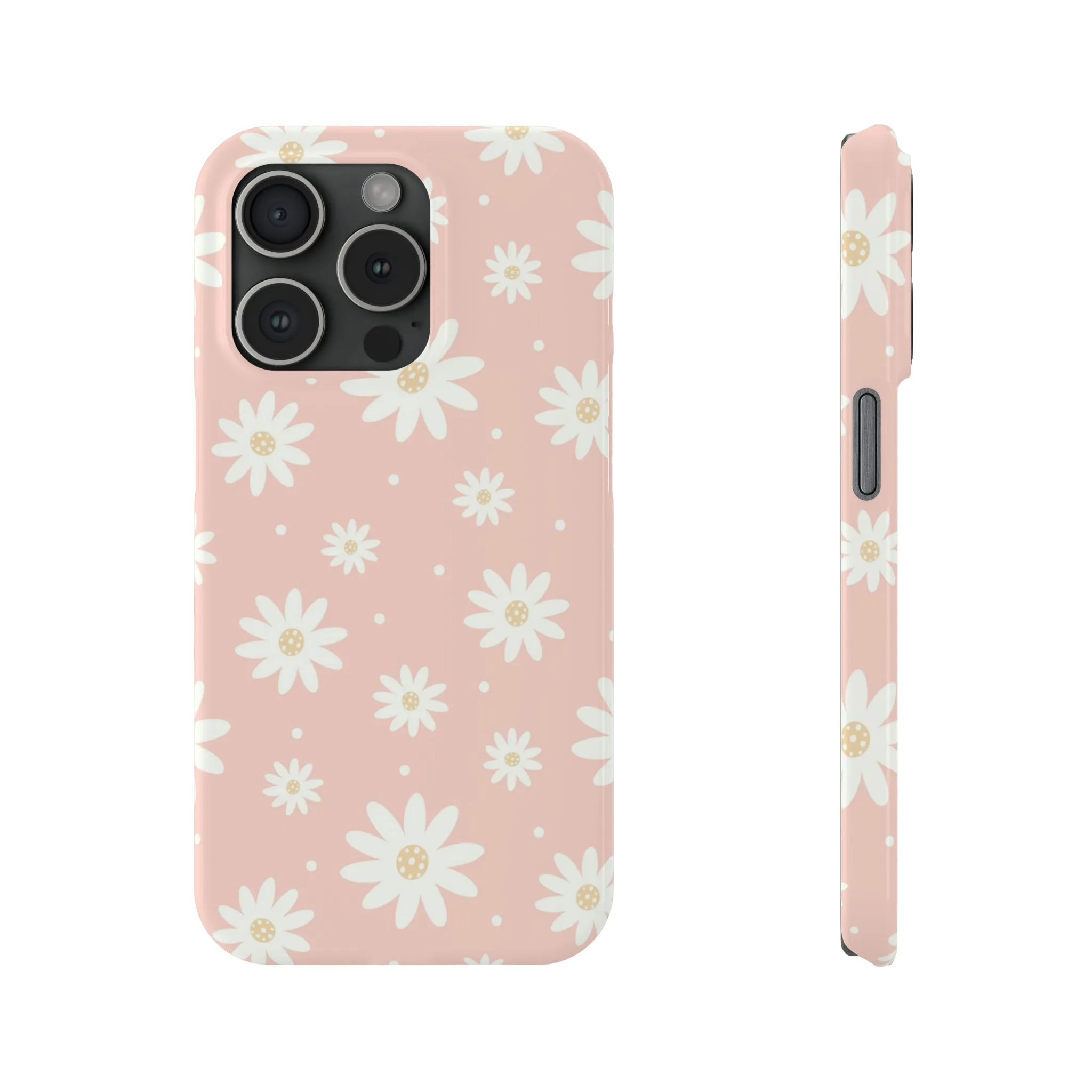 Pink background and White Daisies Design Sleek Elegance Wireless-Charging Compatible Phone Case Slim Phone Case compatible with over 20 iphone models