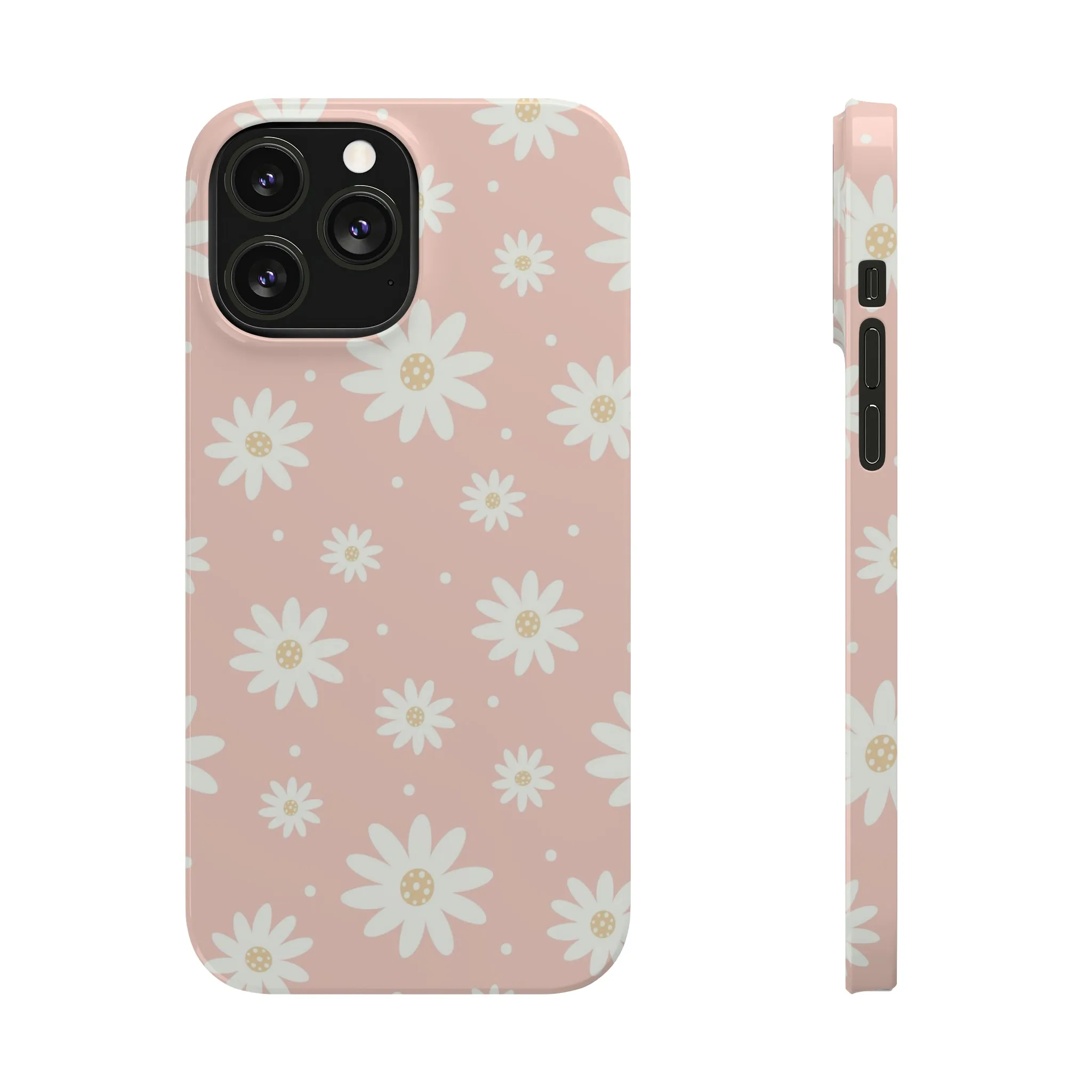 Pink background and White Daisies Design Sleek Elegance Wireless-Charging Compatible Phone Case Slim Phone Case compatible with over 20 iphone models