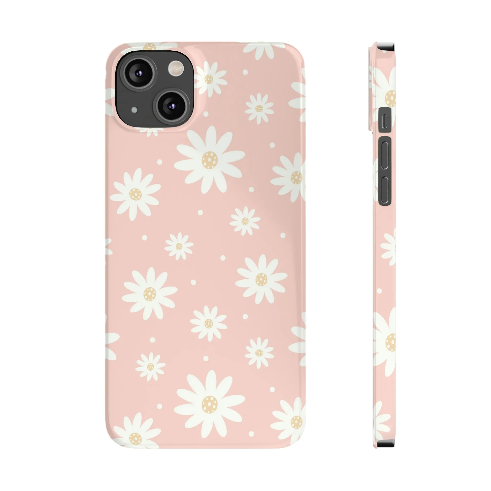 Pink background and White Daisies Design Sleek Elegance Wireless-Charging Compatible Phone Case Slim Phone Case compatible with over 20 iphone models