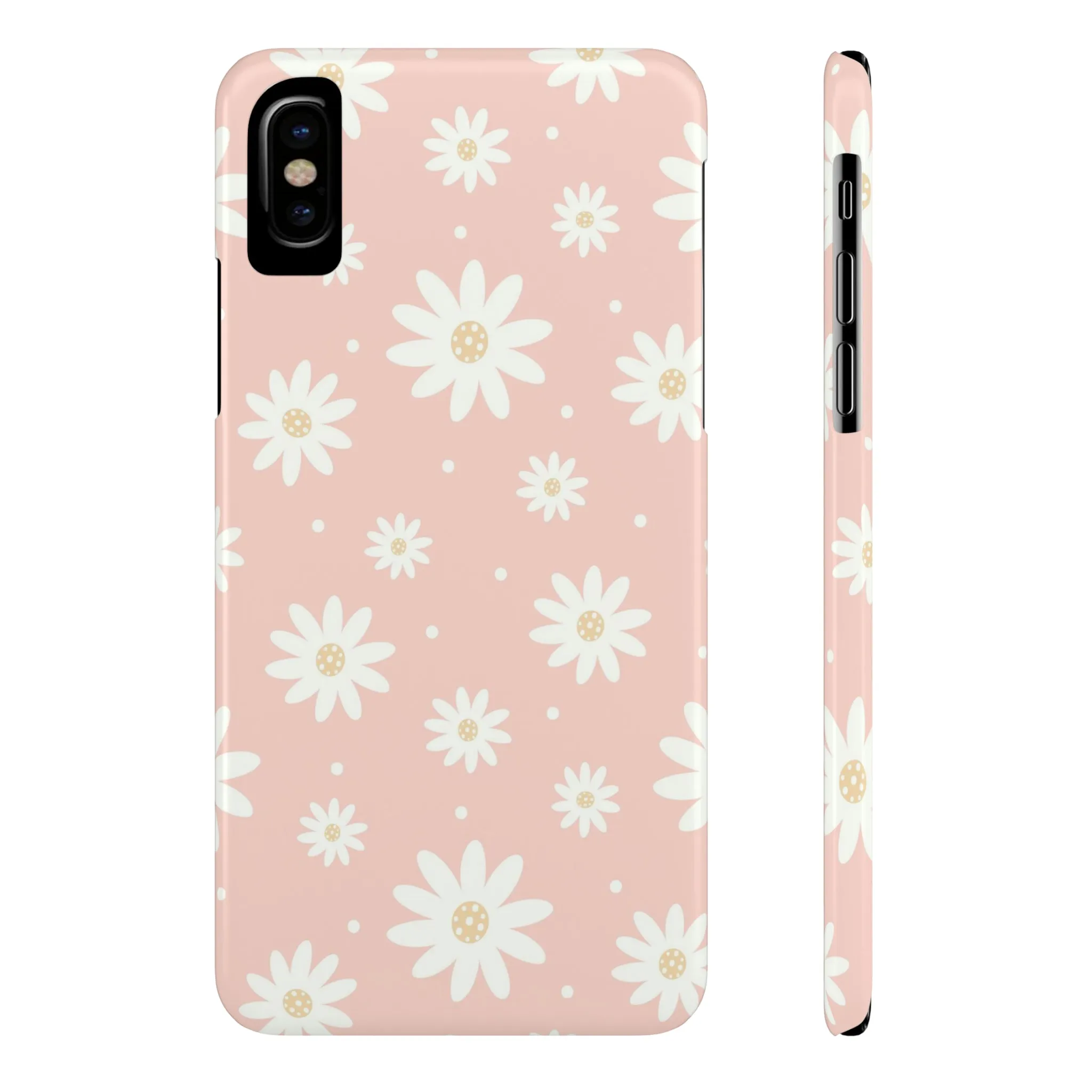 Pink background and White Daisies Design Sleek Elegance Wireless-Charging Compatible Phone Case Slim Phone Case compatible with over 20 iphone models