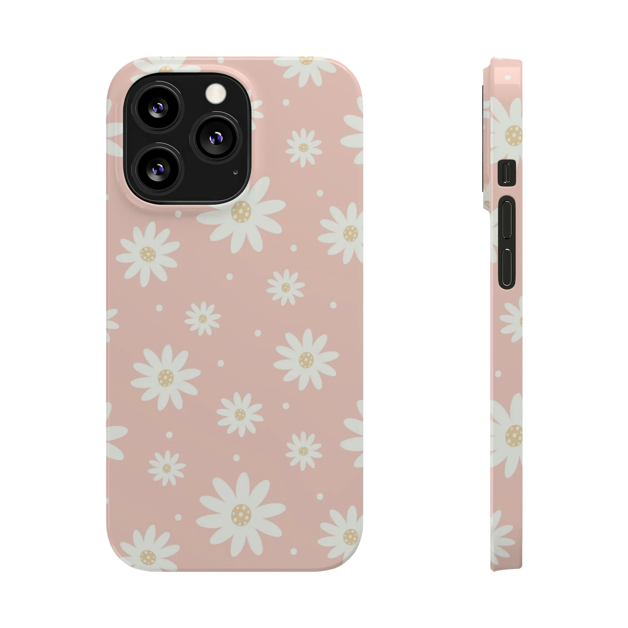 Pink background and White Daisies Design Sleek Elegance Wireless-Charging Compatible Phone Case Slim Phone Case compatible with over 20 iphone models