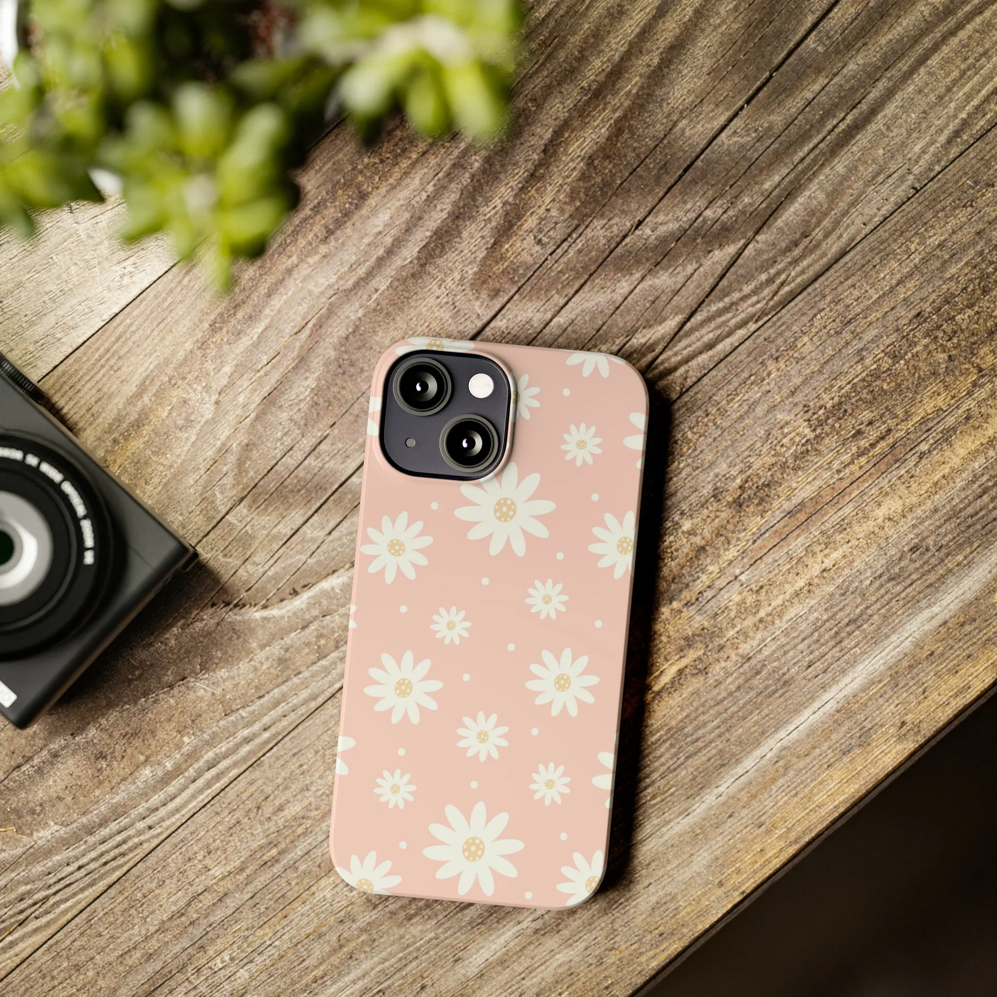 Pink background and White Daisies Design Sleek Elegance Wireless-Charging Compatible Phone Case Slim Phone Case compatible with over 20 iphone models