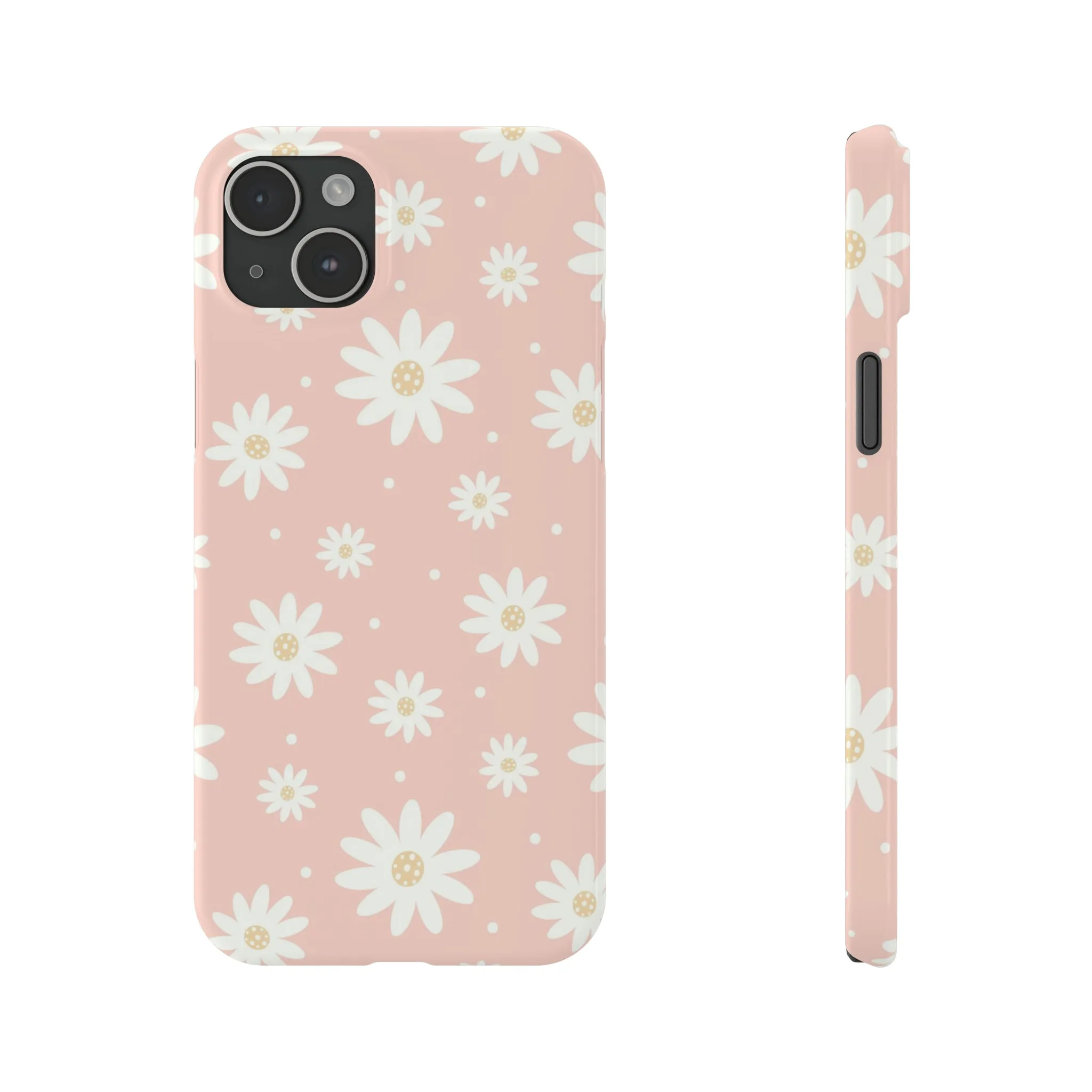 Pink background and White Daisies Design Sleek Elegance Wireless-Charging Compatible Phone Case Slim Phone Case compatible with over 20 iphone models