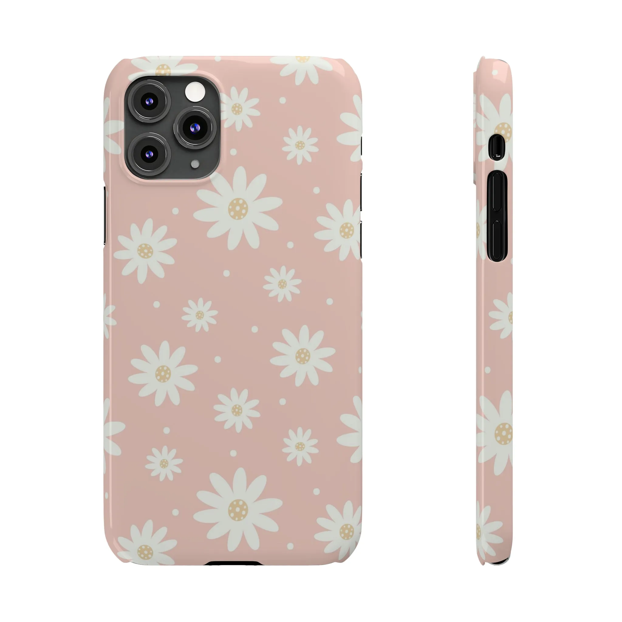 Pink background and White Daisies Design Sleek Elegance Wireless-Charging Compatible Phone Case Slim Phone Case compatible with over 20 iphone models