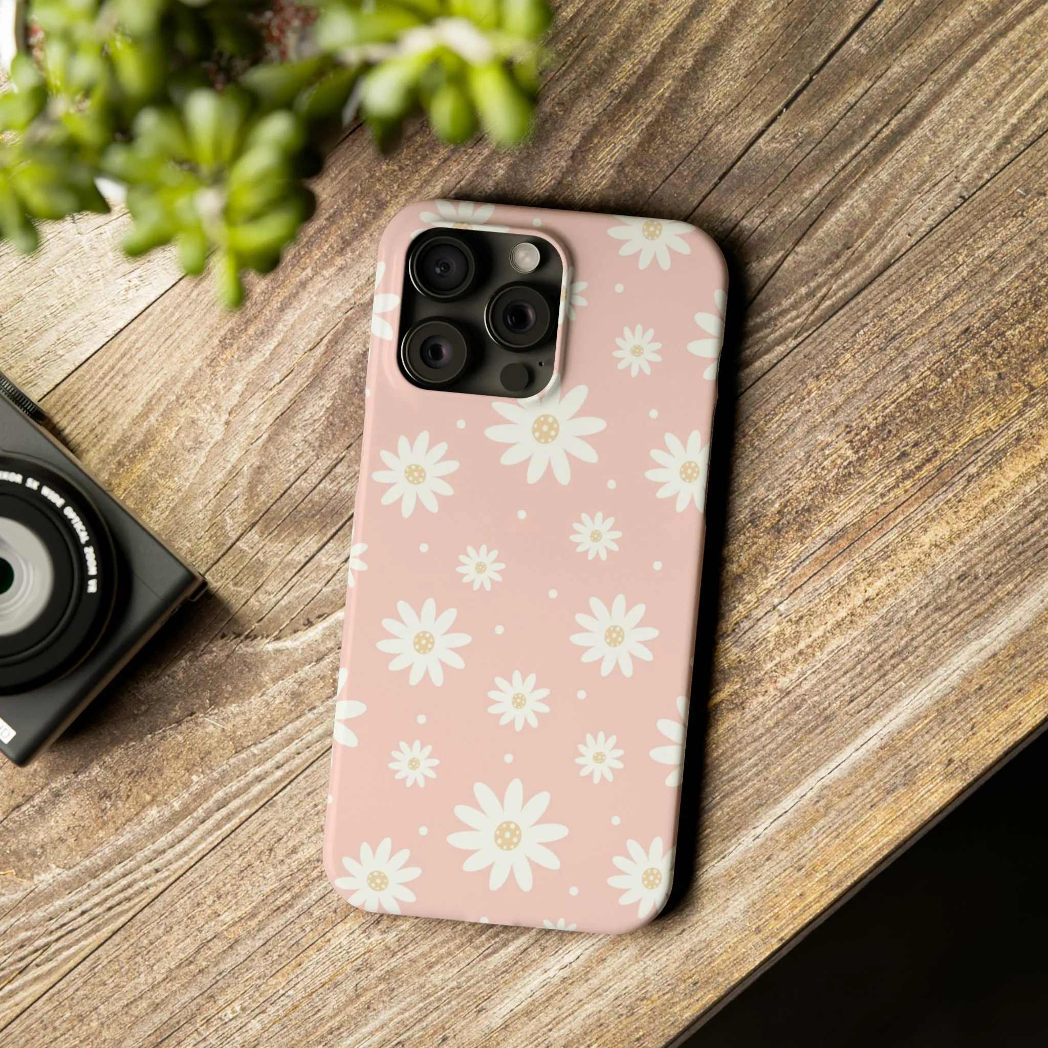 Pink background and White Daisies Design Sleek Elegance Wireless-Charging Compatible Phone Case Slim Phone Case compatible with over 20 iphone models