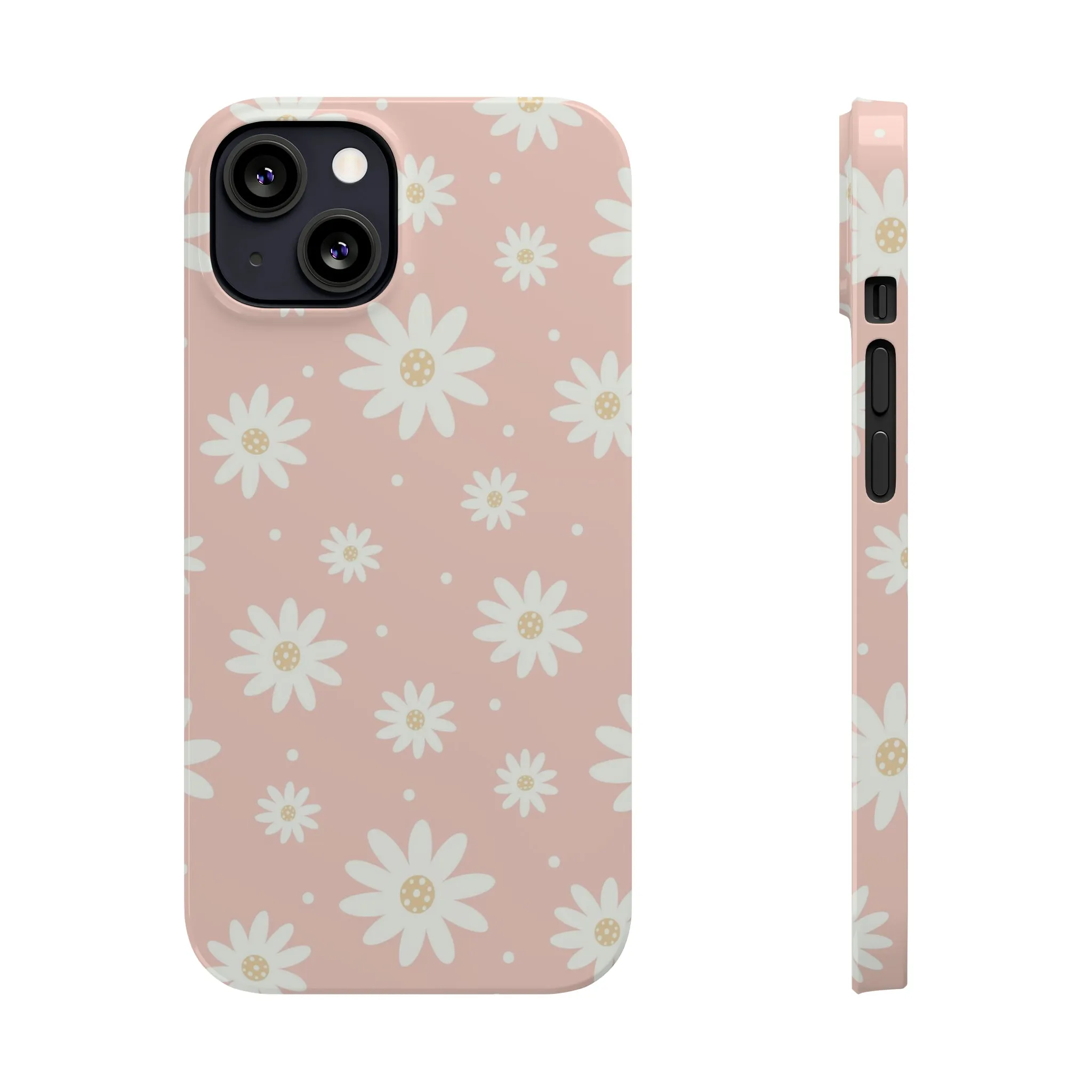 Pink background and White Daisies Design Sleek Elegance Wireless-Charging Compatible Phone Case Slim Phone Case compatible with over 20 iphone models