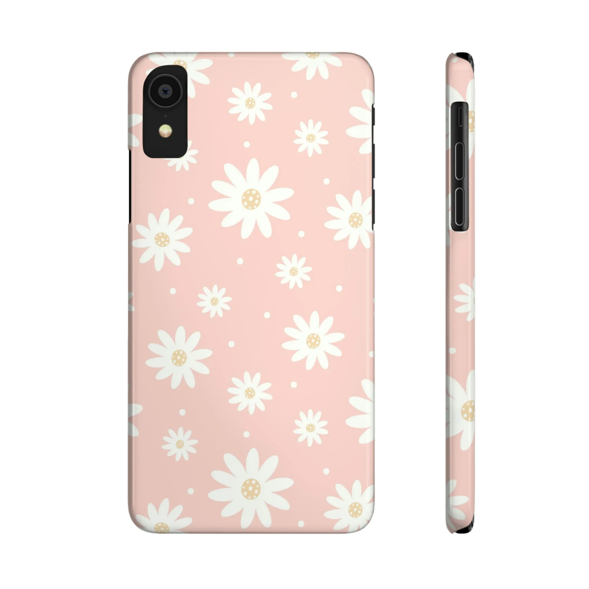 Pink background and White Daisies Design Sleek Elegance Wireless-Charging Compatible Phone Case Slim Phone Case compatible with over 20 iphone models