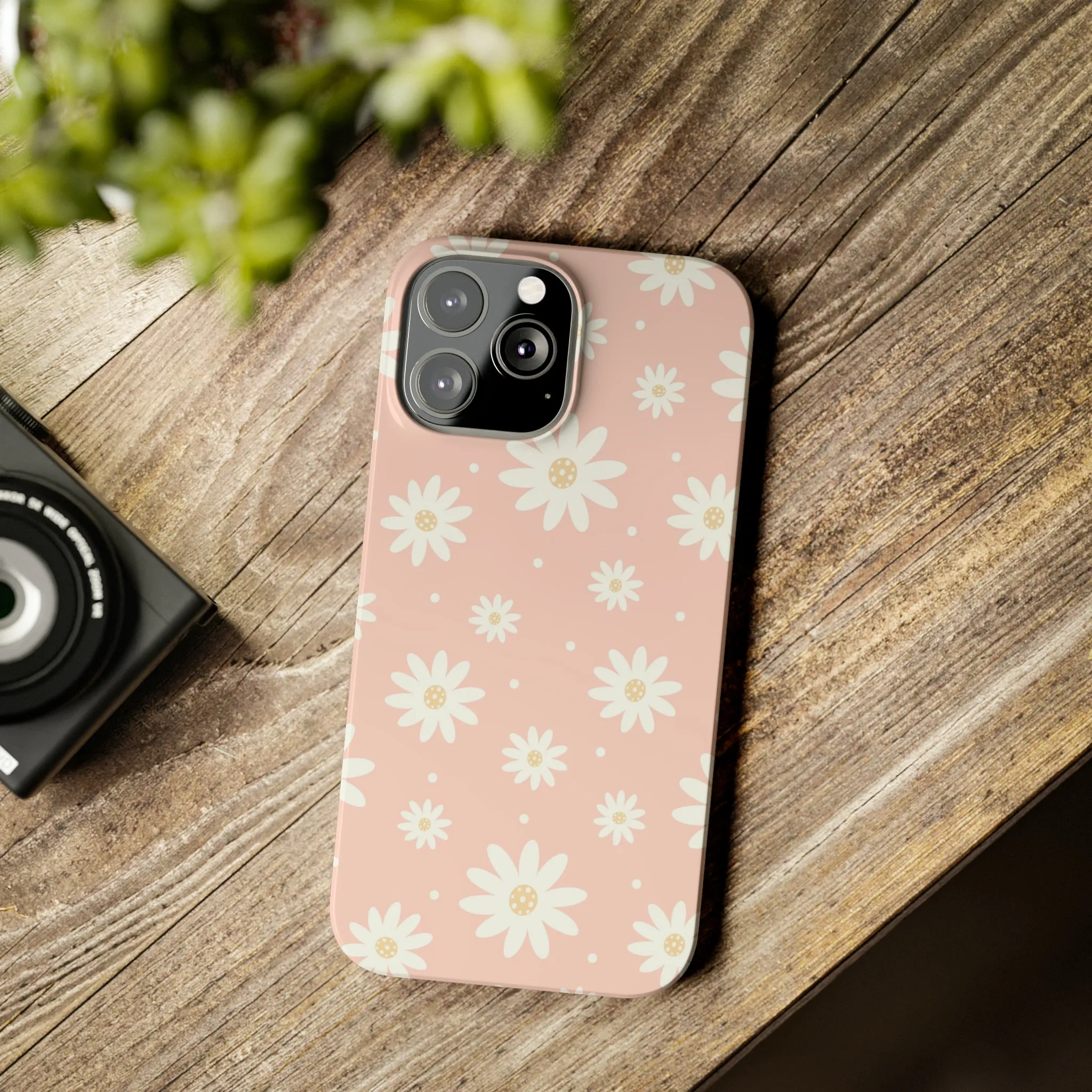 Pink background and White Daisies Design Sleek Elegance Wireless-Charging Compatible Phone Case Slim Phone Case compatible with over 20 iphone models