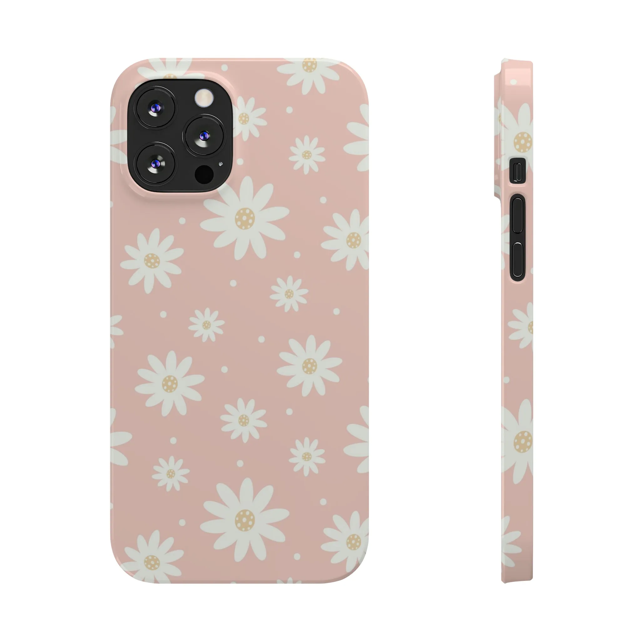 Pink background and White Daisies Design Sleek Elegance Wireless-Charging Compatible Phone Case Slim Phone Case compatible with over 20 iphone models