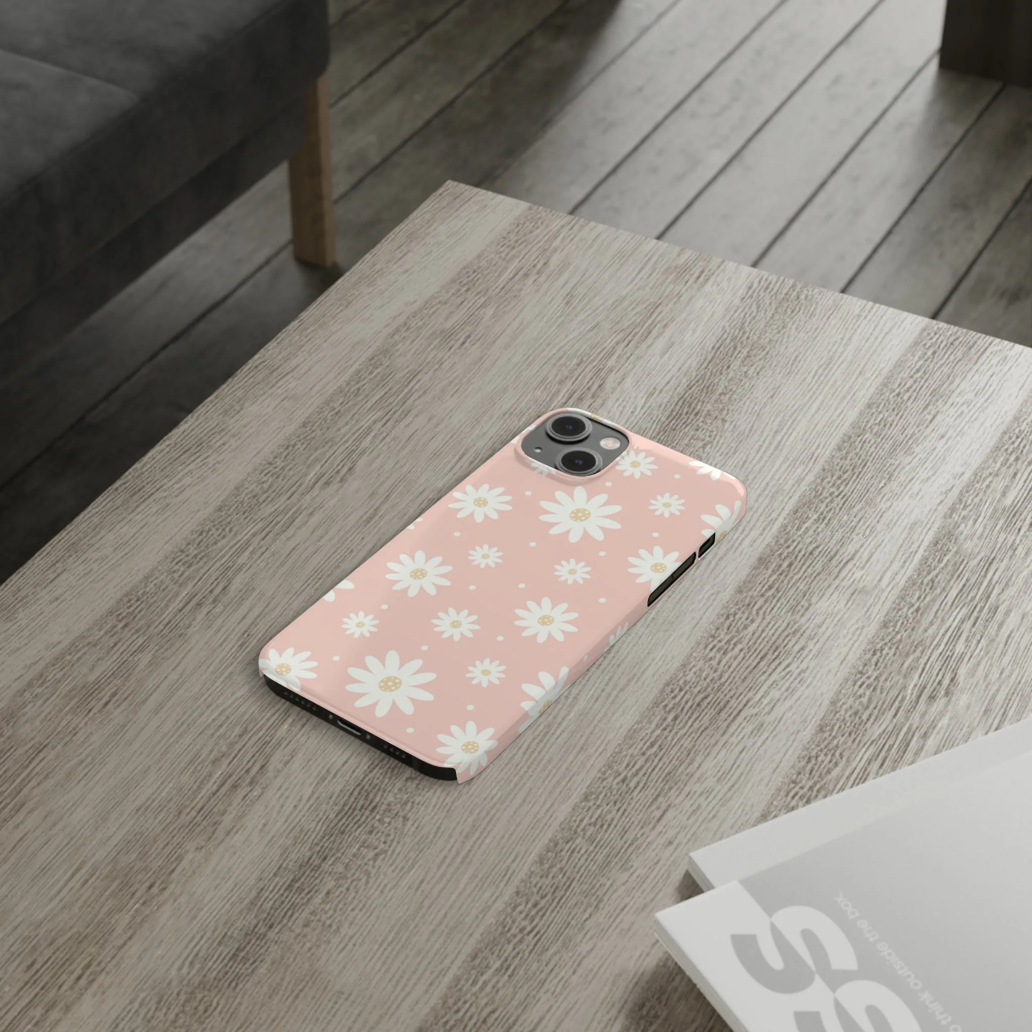 Pink background and White Daisies Design Sleek Elegance Wireless-Charging Compatible Phone Case Slim Phone Case compatible with over 20 iphone models